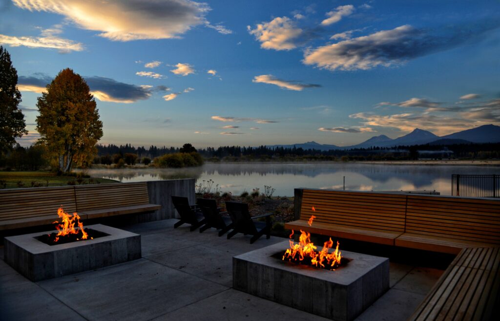 sunset by the fire pits at the edge of the lake at Black Butte Ranch