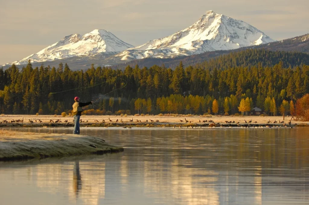 two people paddle boarding on Phalarope lake under blue skies with the Three Sisters Mountains and a sea of green trees around them