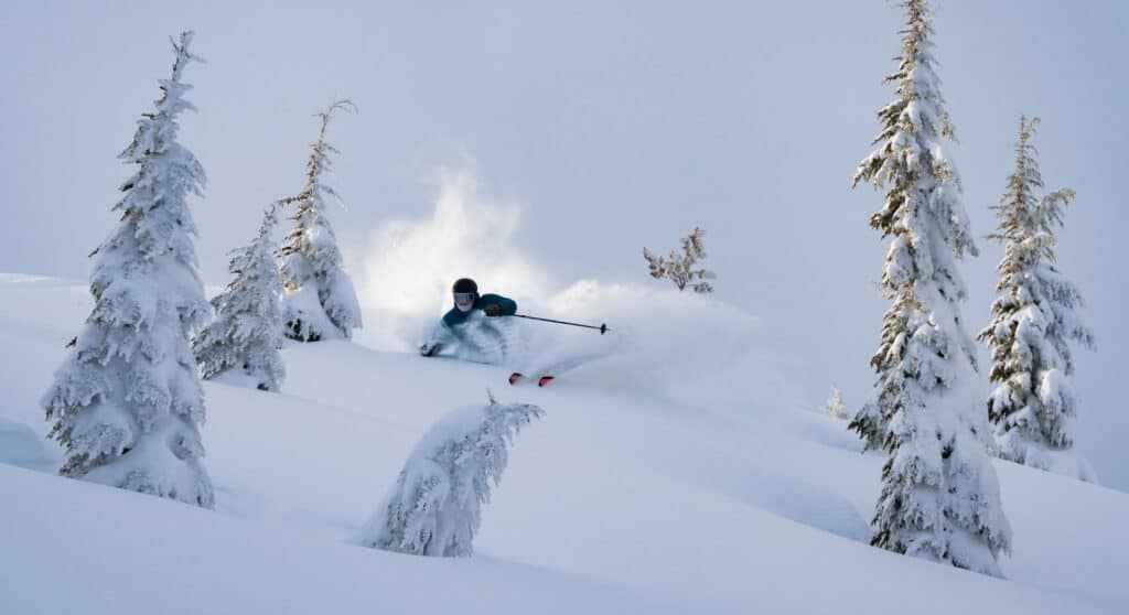 A skier navigates through a snowy forest, kicking up snow and surrounded by pine trees in Central Oregon.