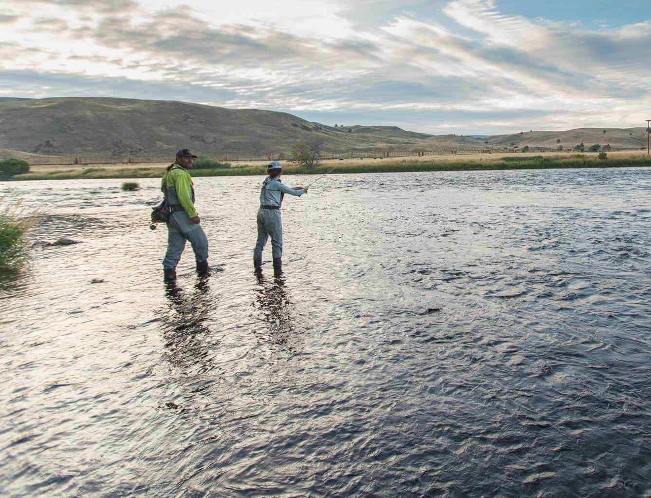 Two people fly fish on the Deschutes River in Maupin.