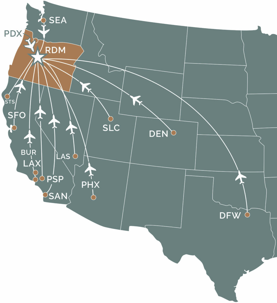 A map showing major airports and flight routes across the United States in Central Oregon.