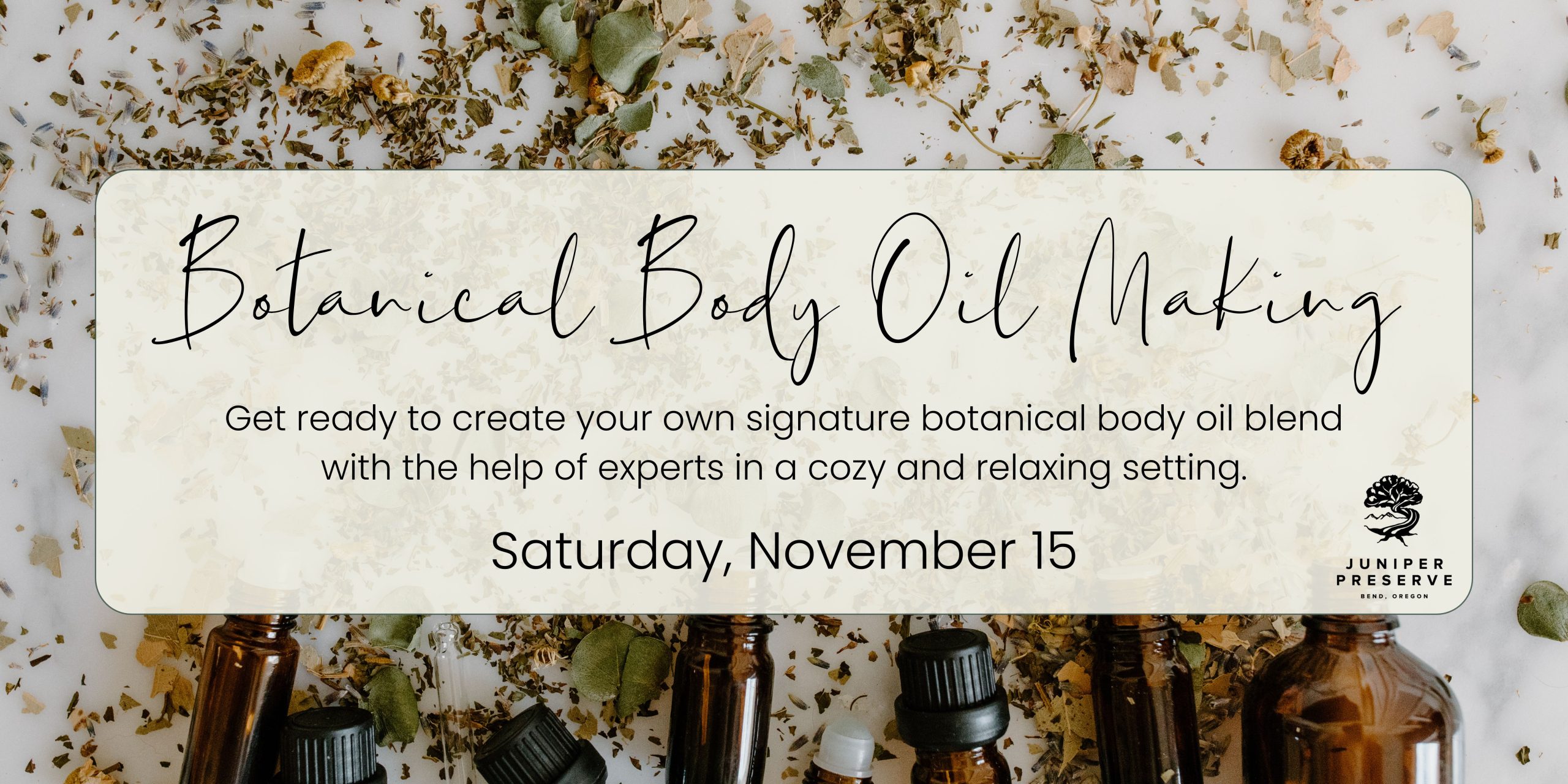 A collection of bottles and herbs used for making botanical body oils in Central Oregon.
