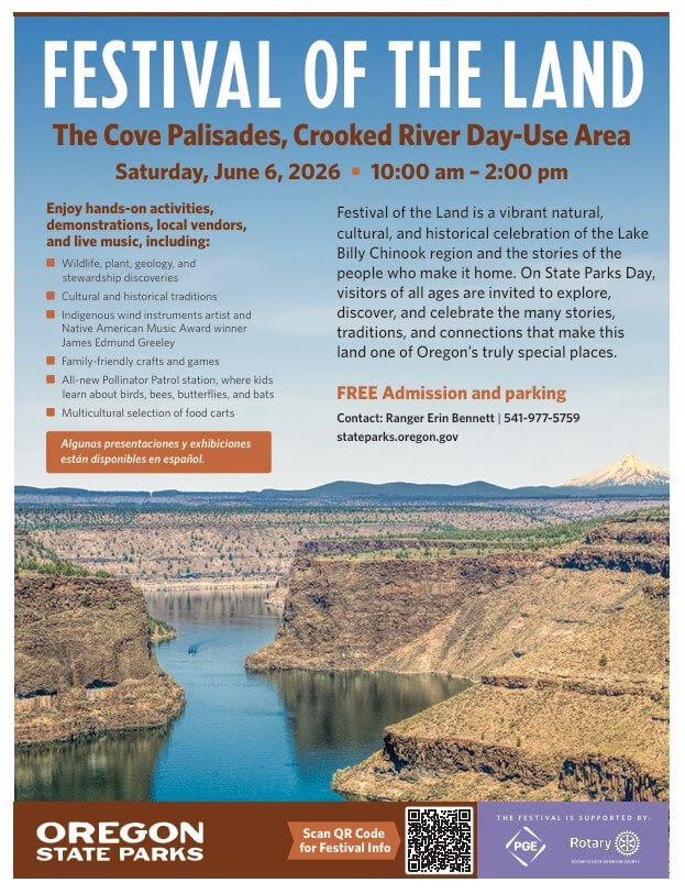 A scenic view of the Crooked River Gorge with towering canyon walls and a winding river, promoting the Festival of the Land at The Cove Palisades in Central Oregon.