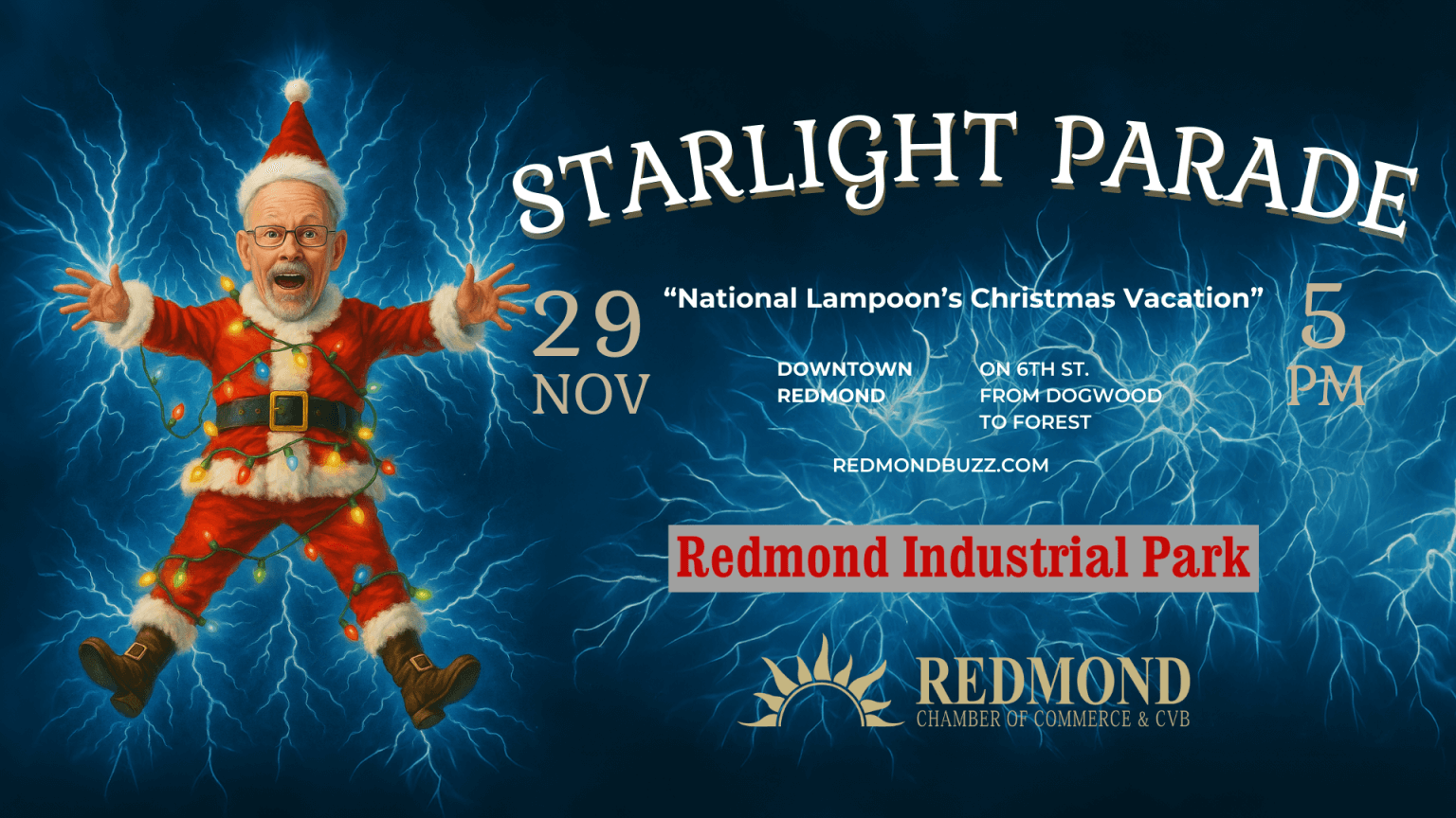 A festive Santa Claus with a joyful expression, surrounded by Christmas lights and lightning bolts in Central Oregon.