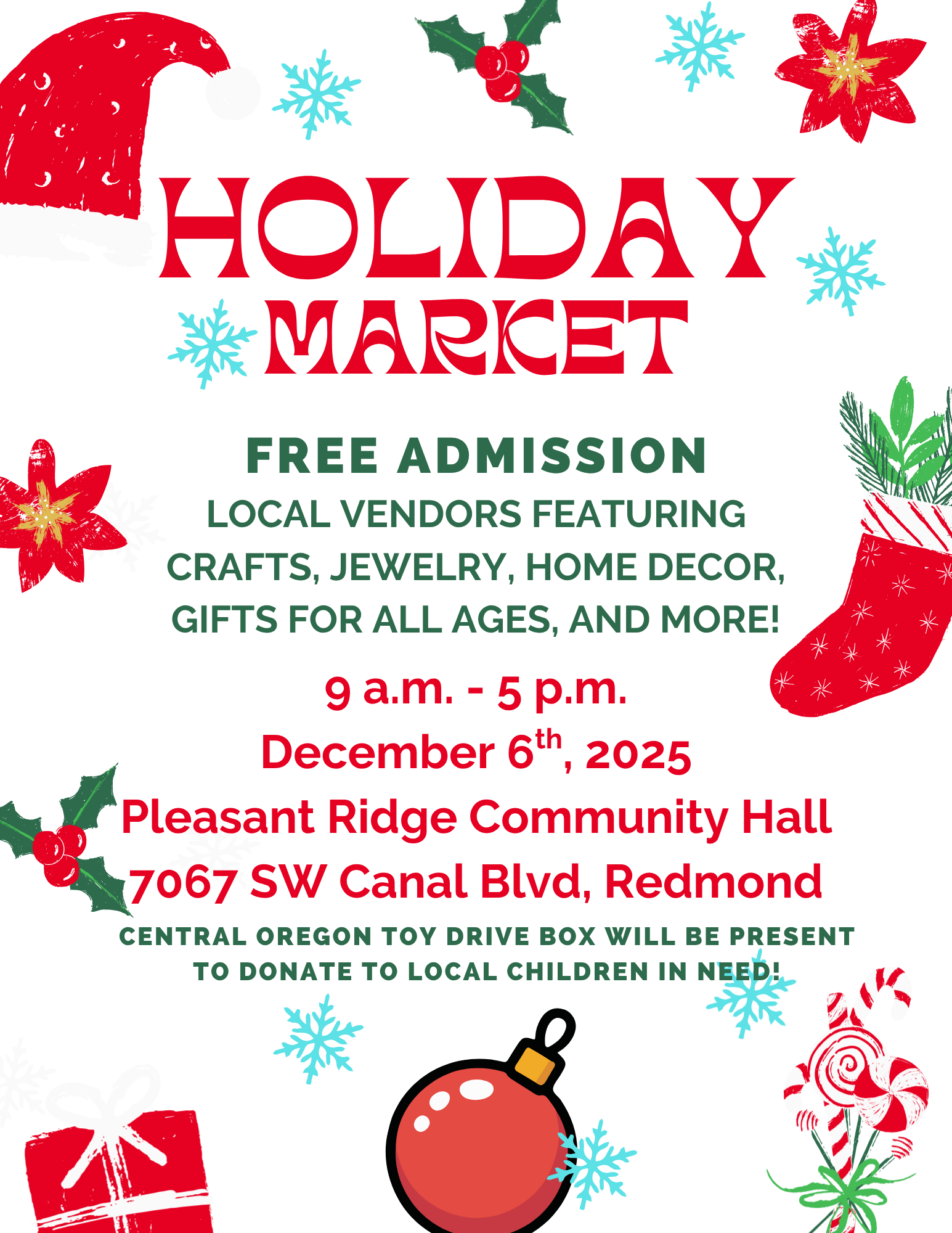 A festive holiday market with free admission, featuring local vendors, crafts, jewelry, home decor, and gifts for all ages in Central Oregon.