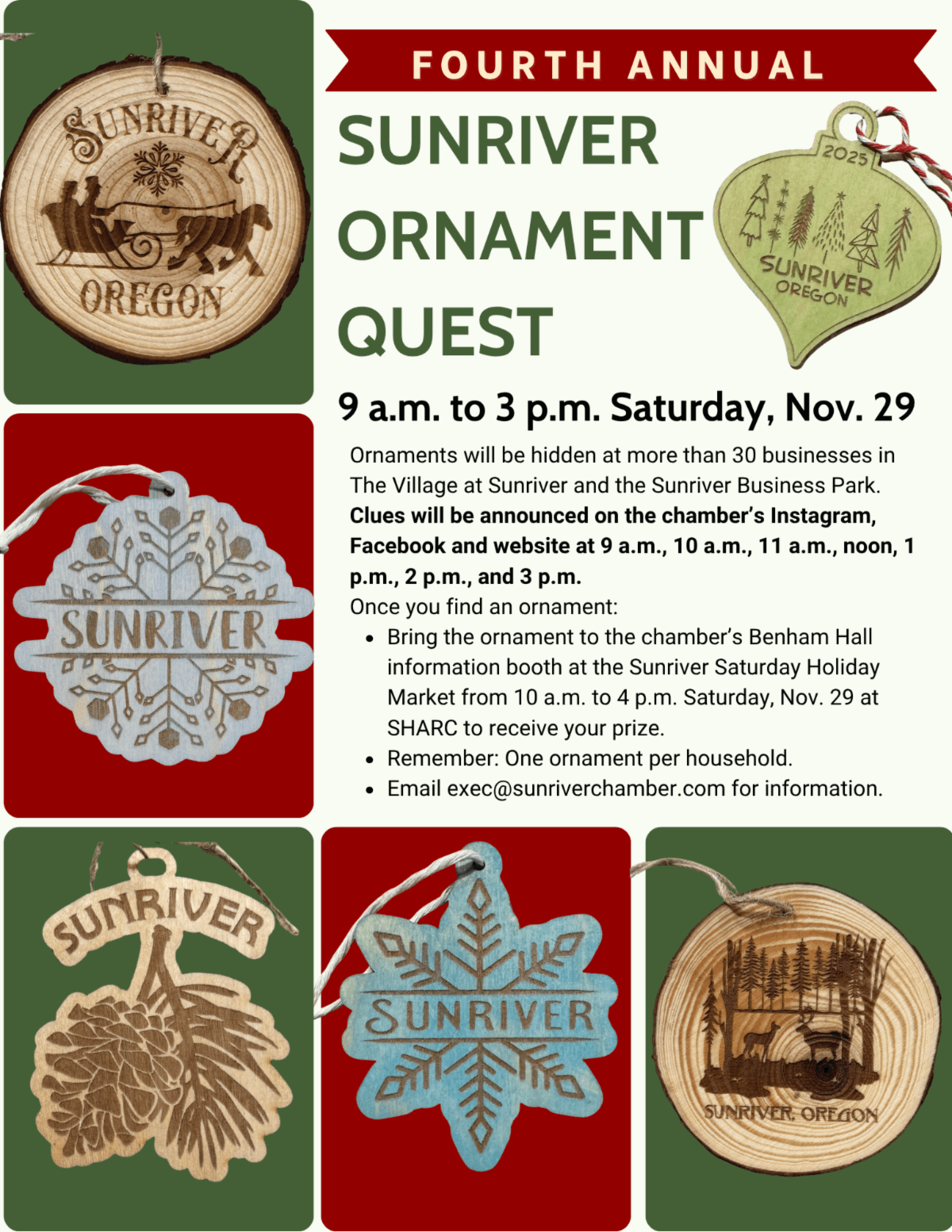 Fourth Annual Sunriver Ornament Quest, featuring hidden ornaments and clues for discovery in Central Oregon.