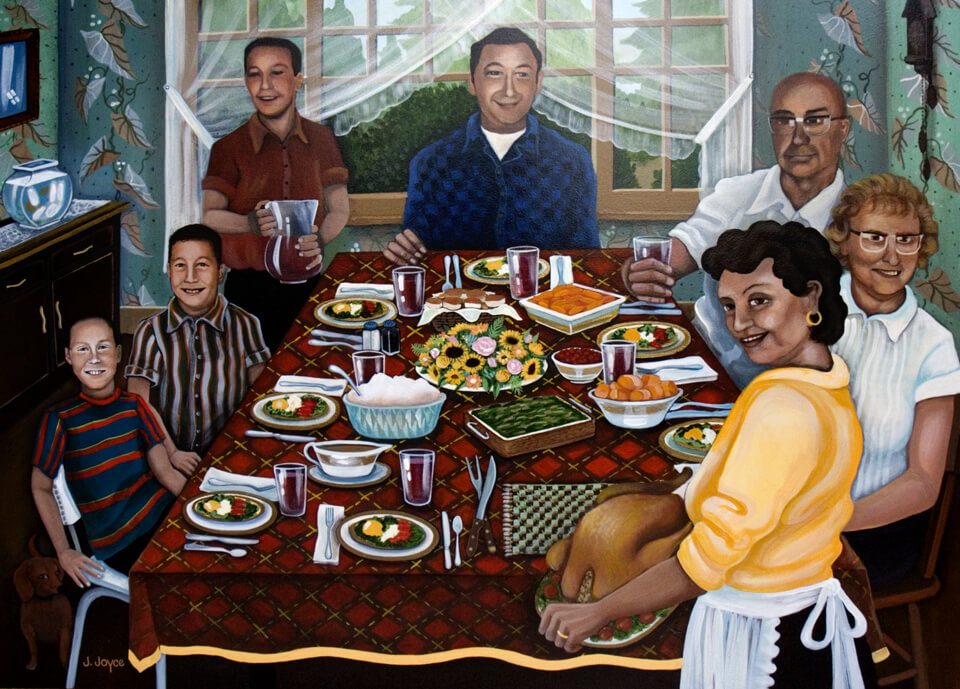 A diverse family gathers for a festive meal, surrounded by a warm and inviting atmosphere in Central Oregon.