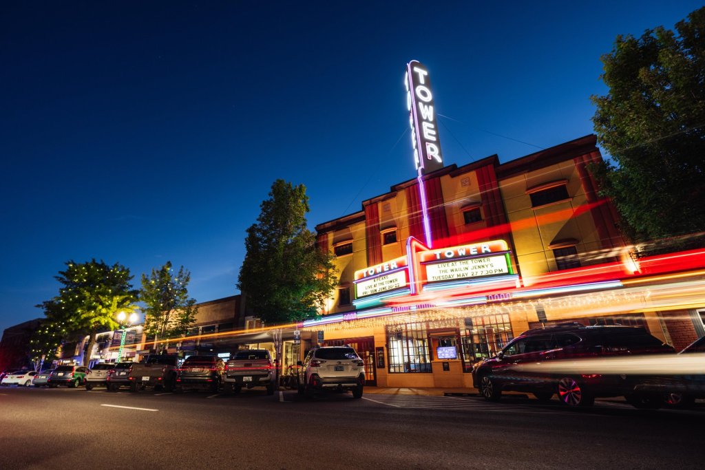 Tower theater at night in downtown Bend, Oregon