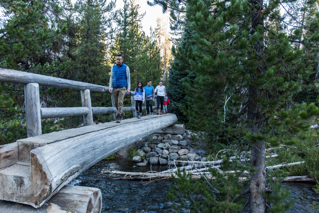 A family walks across a rustic log bridge over a forest stream in Central Oregon.