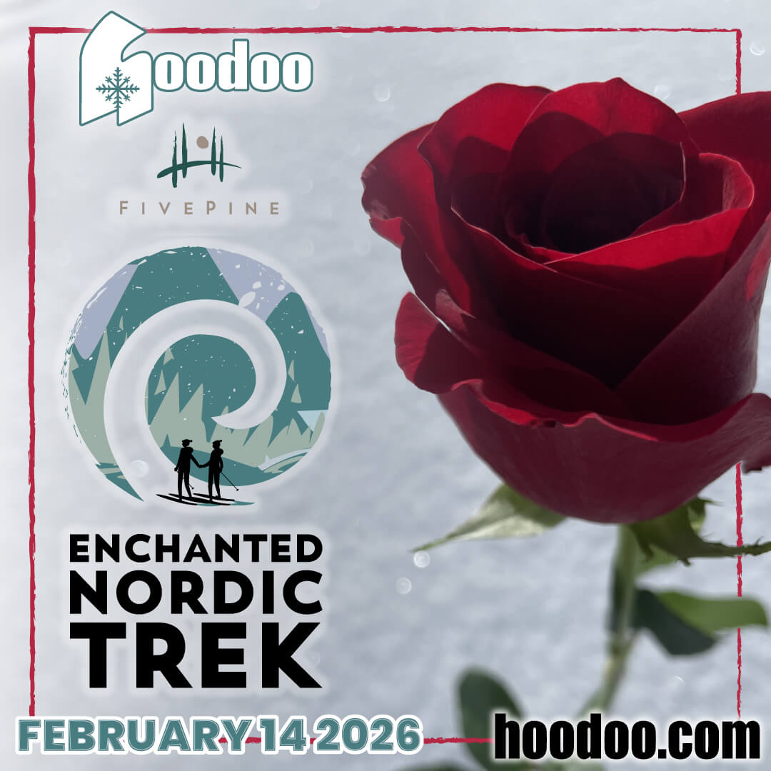 A stunning red rose against a snowy backdrop, promoting the Enchanted Nordic Trek in Central Oregon.