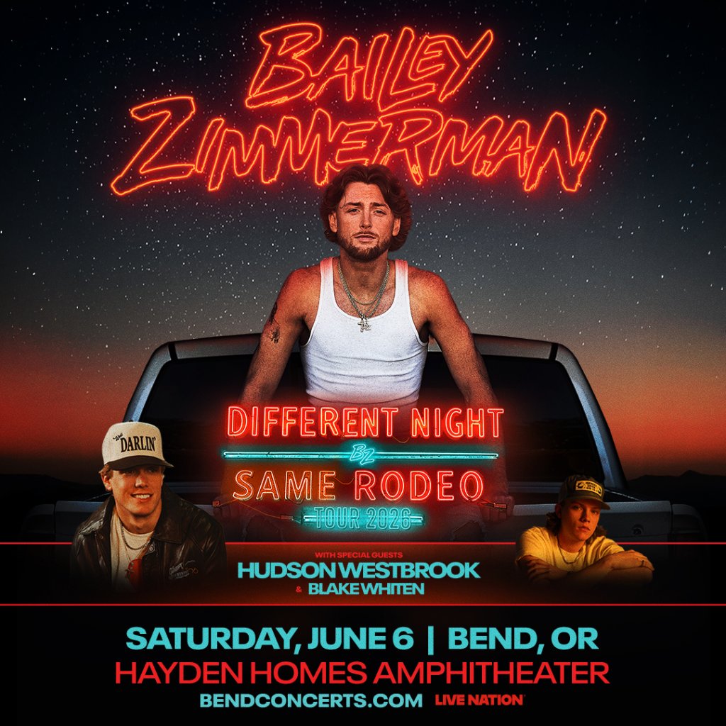 Bailey Zimmerman's promotional poster for 'Different Night Same Rodeo' tour, featuring the artist and special guests in Central Oregon.