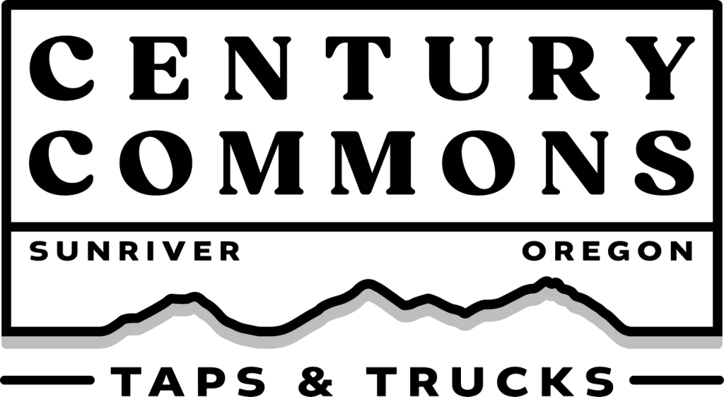 A black and white logo featuring 'Century Common' with 'Sunriver, Oregon' and 'Taps & Trucks' below in Central Oregon.