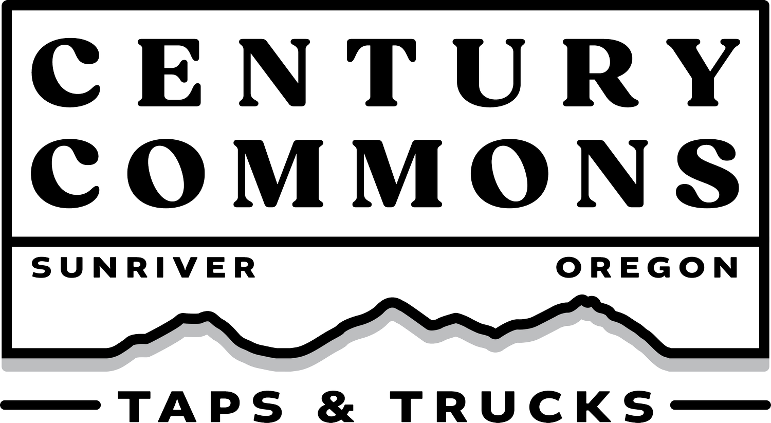 A black and white logo featuring 'Century Common' with 'Sunriver, Oregon' and 'Taps & Trucks' below in Central Oregon.