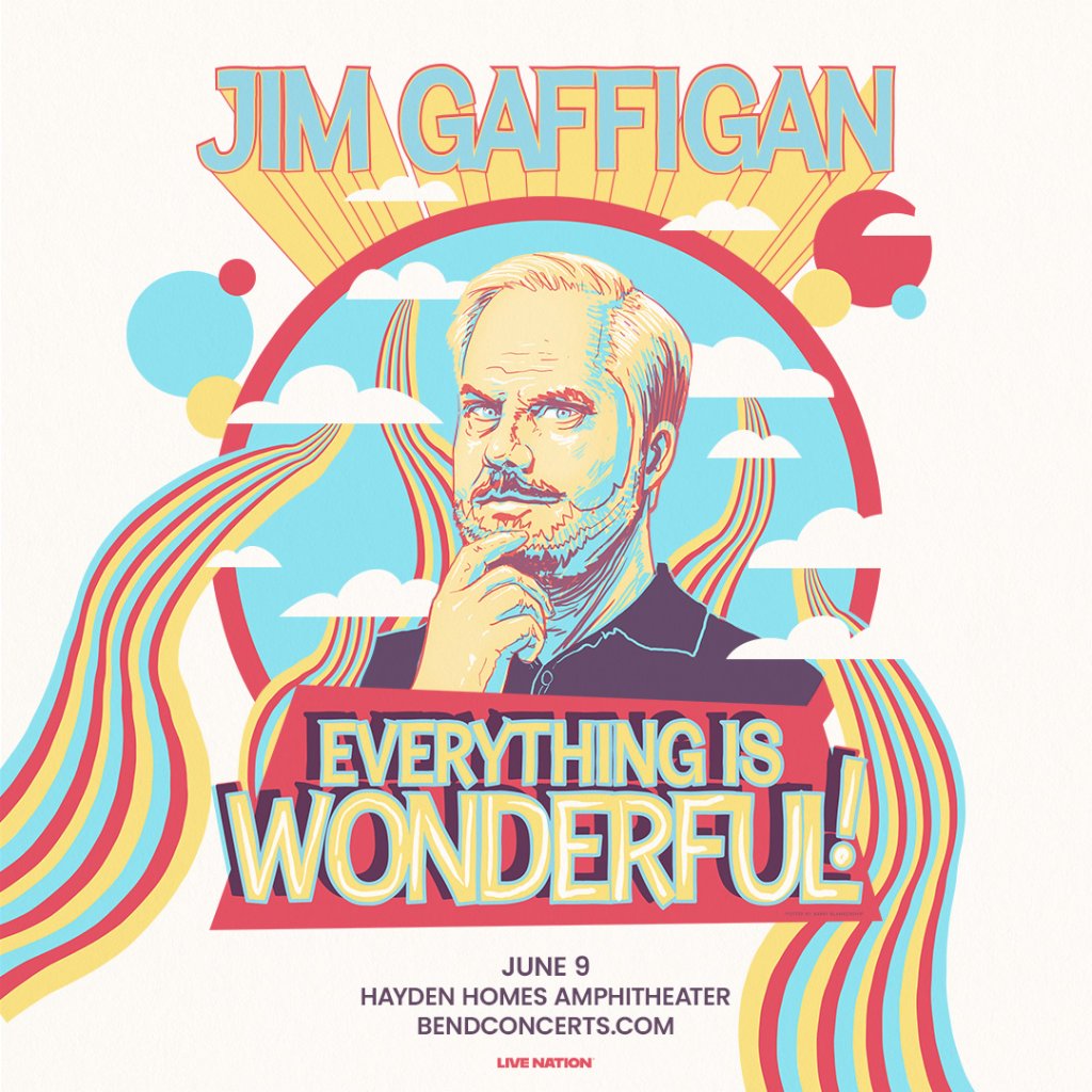 Jim Gaffigan concert poster with colorful design and rainbow text in Central Oregon.