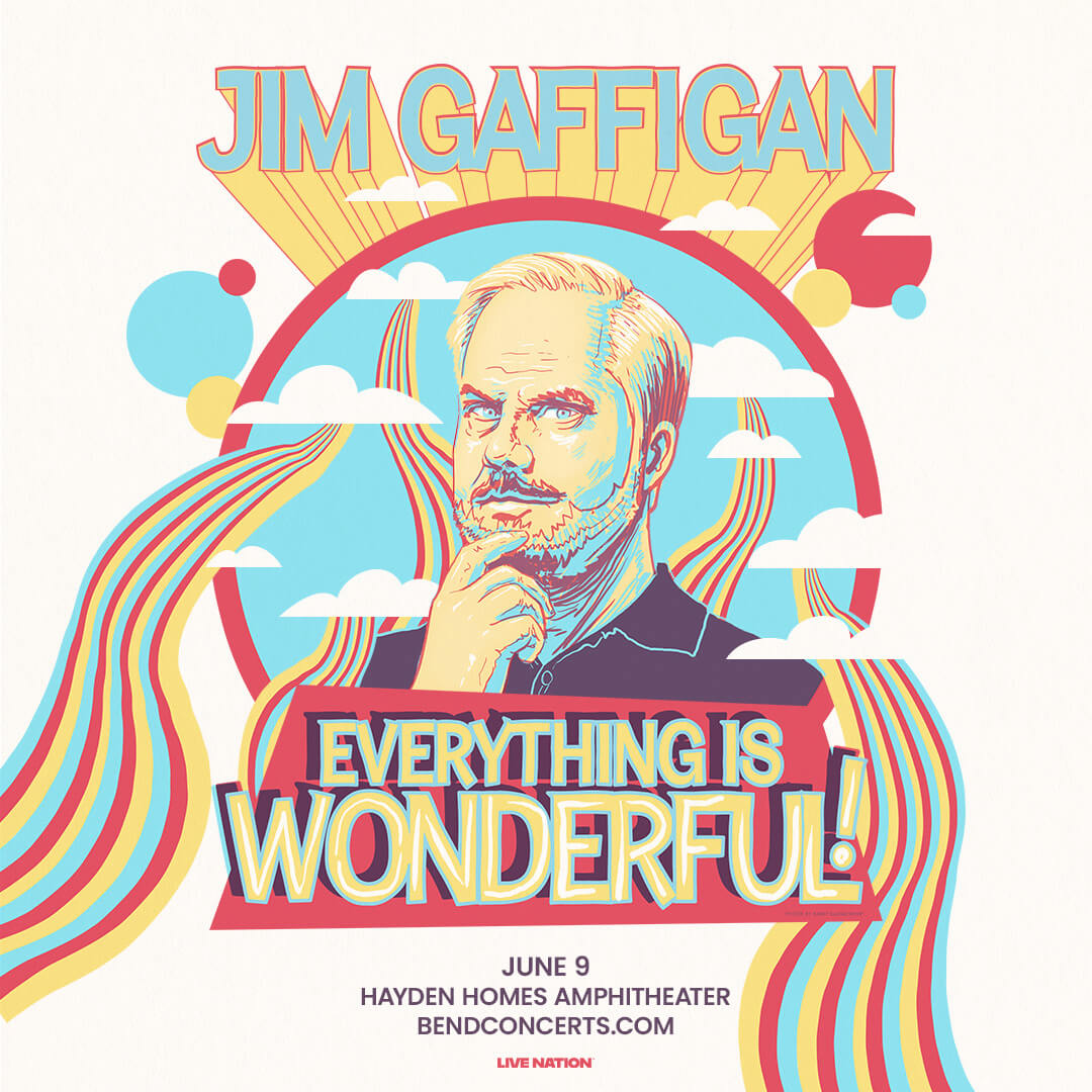 Jim Gaffigan concert poster with colorful design and rainbow text in Central Oregon.