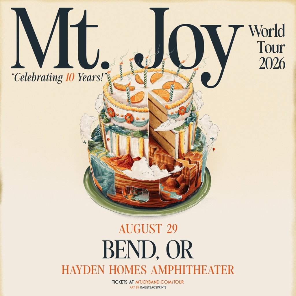 Mt. Joy's 10th anniversary tour poster featuring a celebratory cake in Central Oregon.