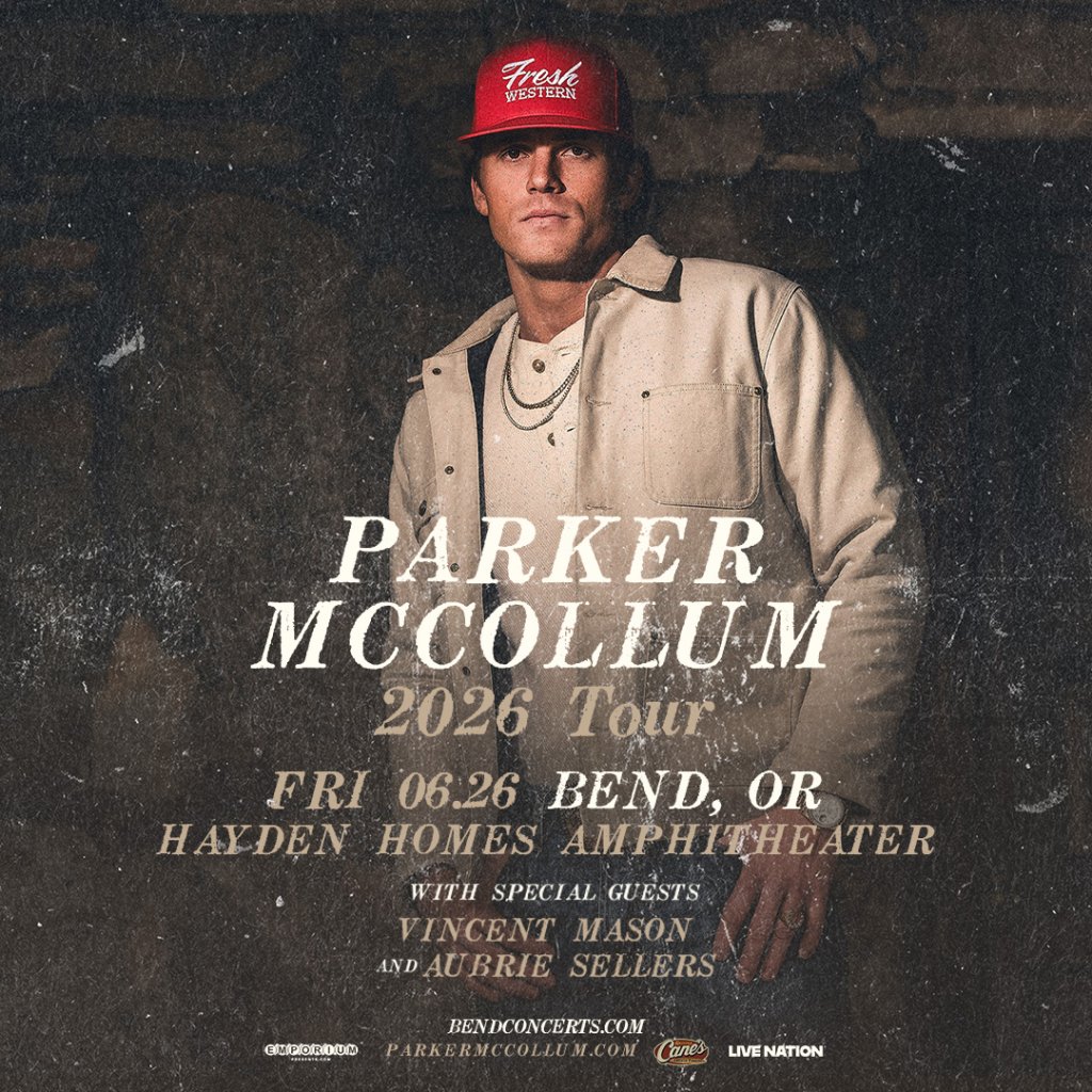 Parker McCollum wearing a red hat, standing in front of a brick wall, promoting his 2026 tour in Central Oregon.