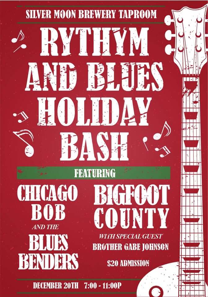 A vibrant poster for a holiday blues music event featuring Chicago Bob and the Blues Benders in Central Oregon.