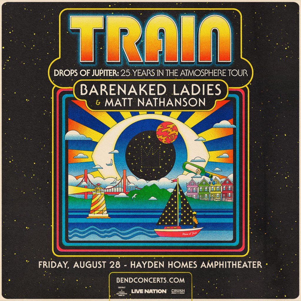 Train tour poster with cosmic and retro design, featuring 'Drops of Jupiter' and '25 Years in the Atmosphere Tour' in Central Oregon.