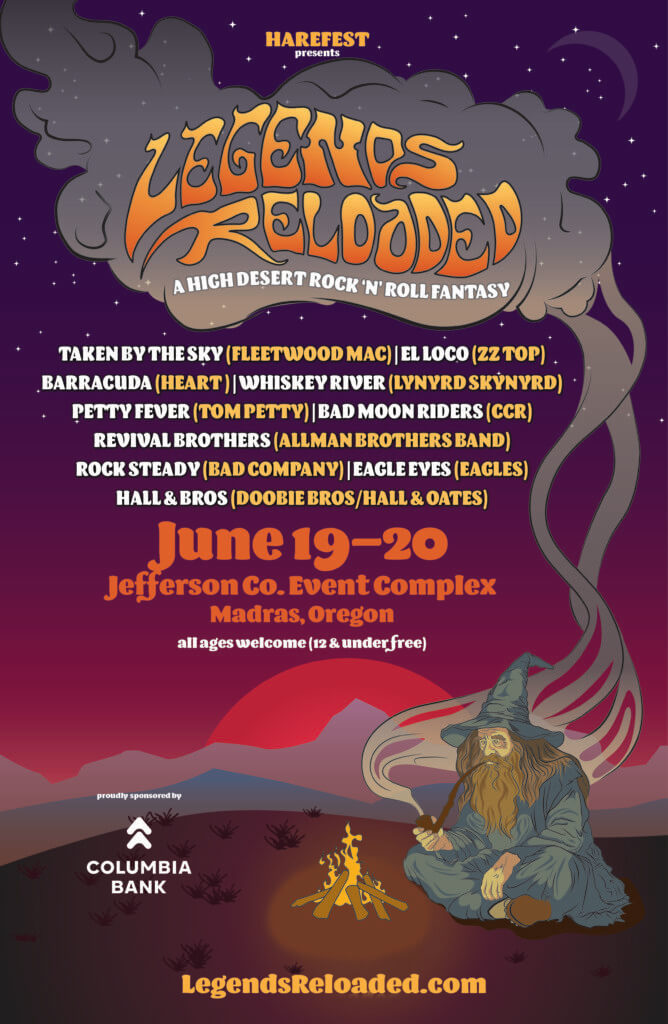 A vibrant poster for Legends Reloaded, a high desert rock and roll fantasy festival featuring legendary bands in Central Oregon.