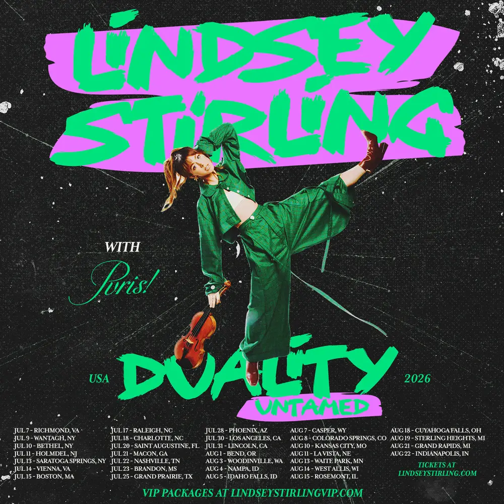 Lindsey Stirling's promotional poster for 'Duality Untamed' tour in 2026 in Central Oregon.