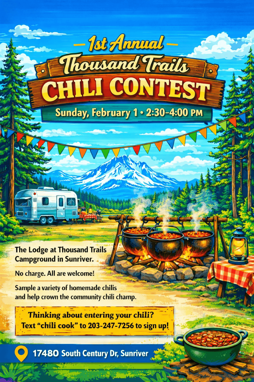 First Annual Thousand Trails Chili Cook-Off Contest poster featuring a scenic campsite with chili pots over a campfire in Central Oregon.