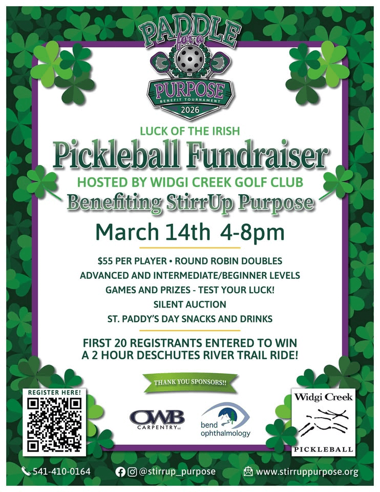 Pickleball fundraiser for Stirrup Purpose, featuring a silent auction and a 2-hour river trail ride in Central Oregon.