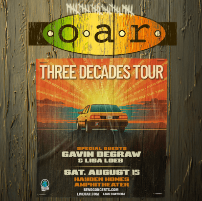 Three Decades Tour poster featuring a vintage car and band names in Central Oregon.