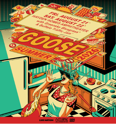 A woman in a kitchen, wearing a VR headset, prepares food with cartoon elements in Central Oregon.