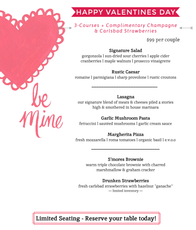 A Valentine's Day menu featuring three courses and complimentary champagne, with a heart-shaped design and a 'be mine' message in Central Oregon.