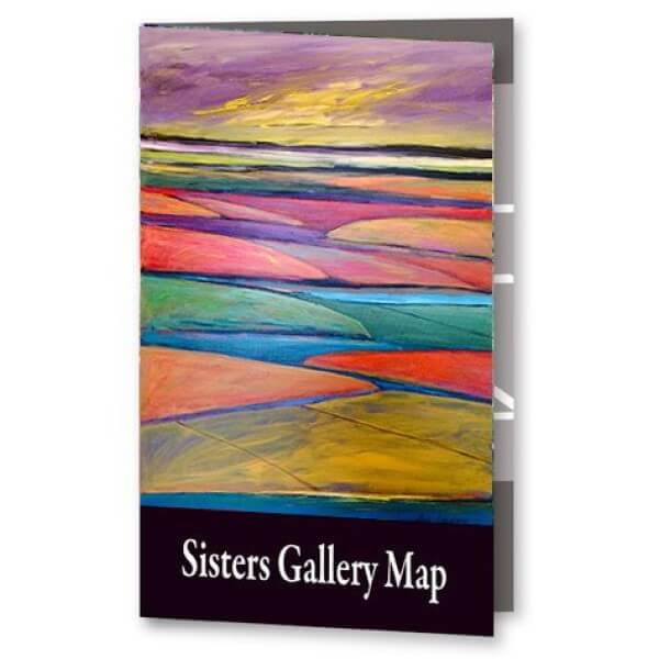 Abstract landscape with vibrant colors and geometric shapes, titled 'Sisters Gallery Map' in Central Oregon.