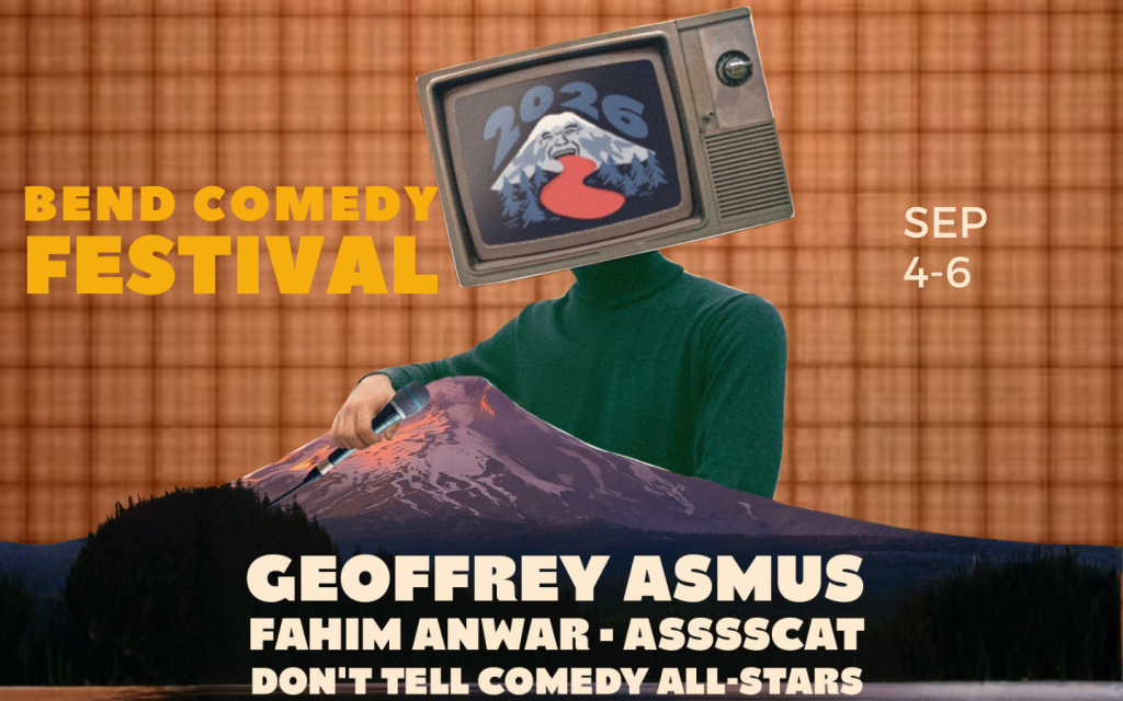 A person with a head replaced by a retro TV screen promoting a comedy festival in Central Oregon.