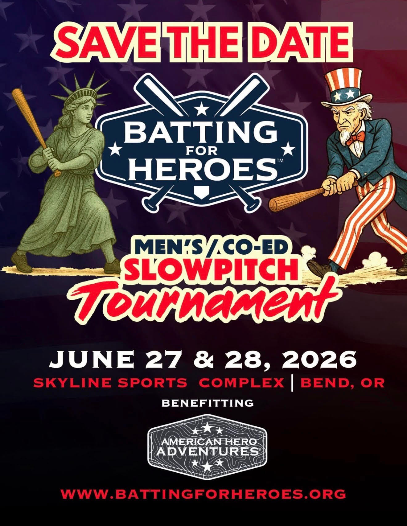 Save the date for the Men's/Co-Ed Slowpitch Tournament, June 27 & 28, 2026, benefiting American Hero Adventures in Central Oregon.