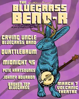 A whimsical poster for a bluegrass band featuring a bunny with a banjo in Central Oregon.