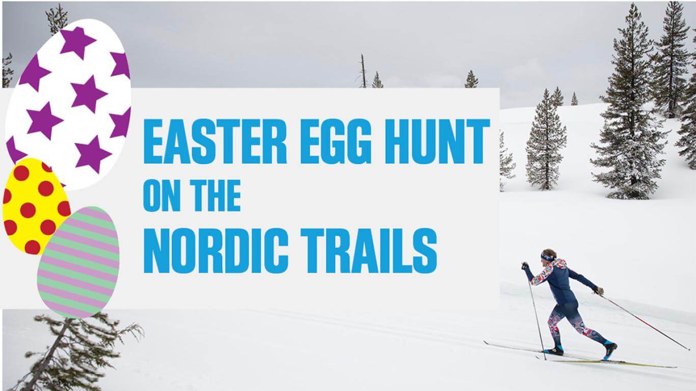 A person skiing on snowy Nordic trails during an Easter egg hunt in Central Oregon.