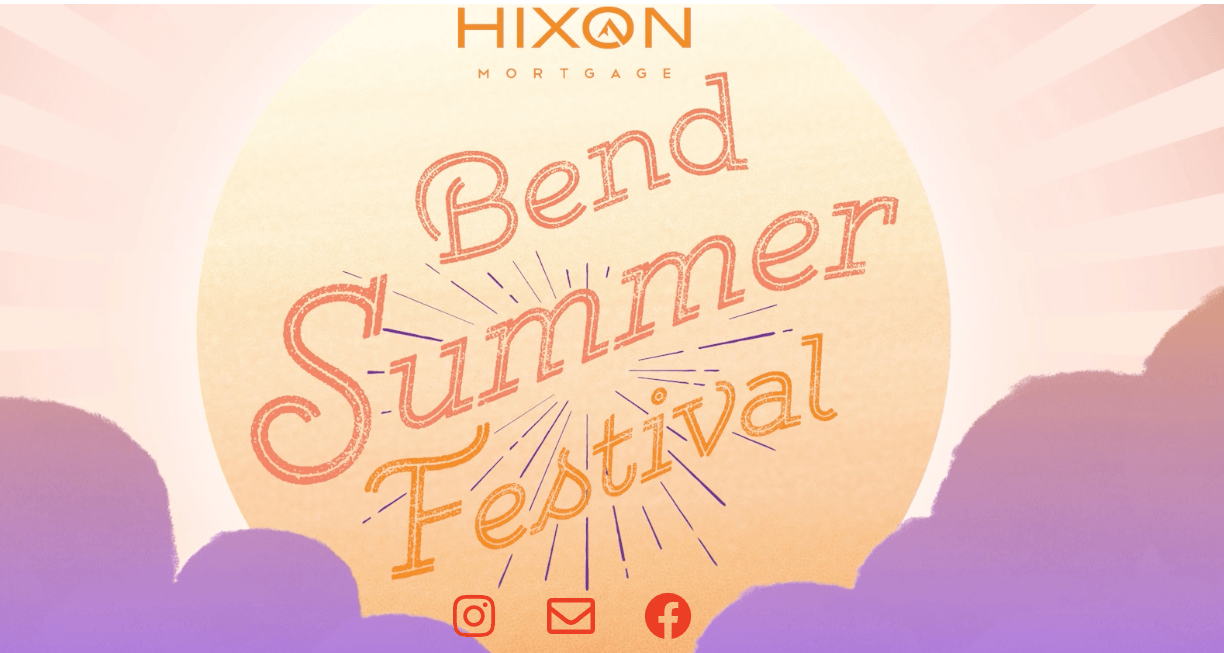 Summer festival advertisement featuring a vibrant sunset and the text 'Bend Summer Festival' in Central Oregon.