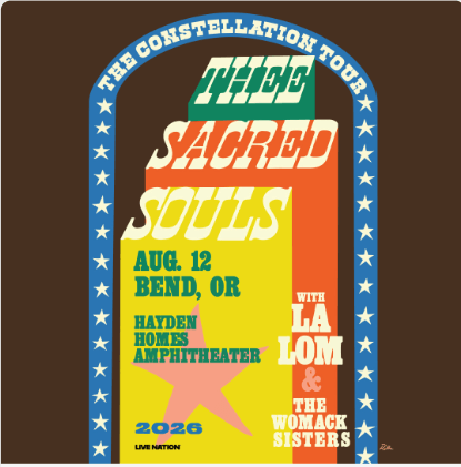 Concert poster for The Sacred Souls featuring dates, venue, and supporting acts in Central Oregon.