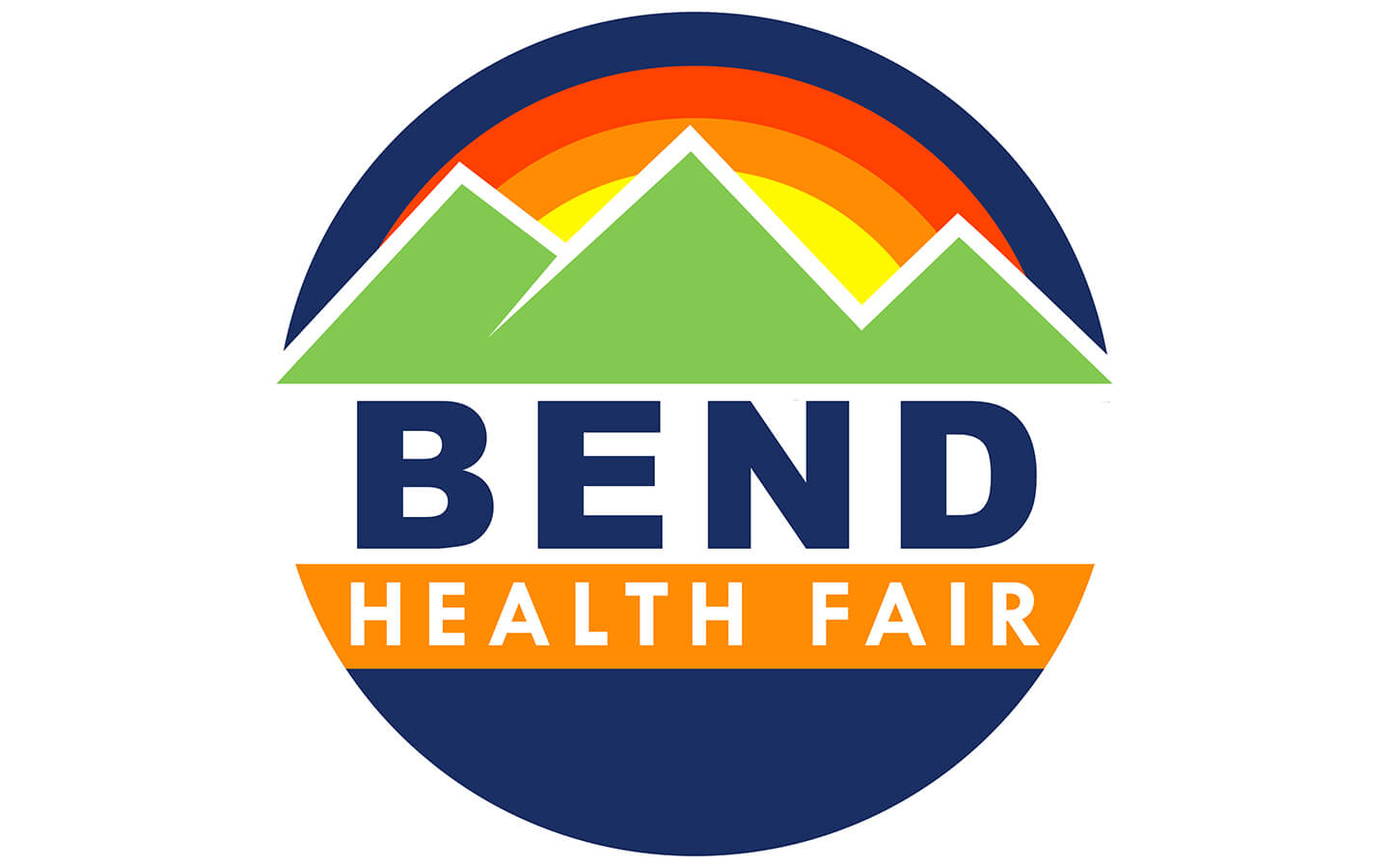 A vibrant logo featuring mountains, a rainbow, and the text 'BEND Health Fair' in Central Oregon.