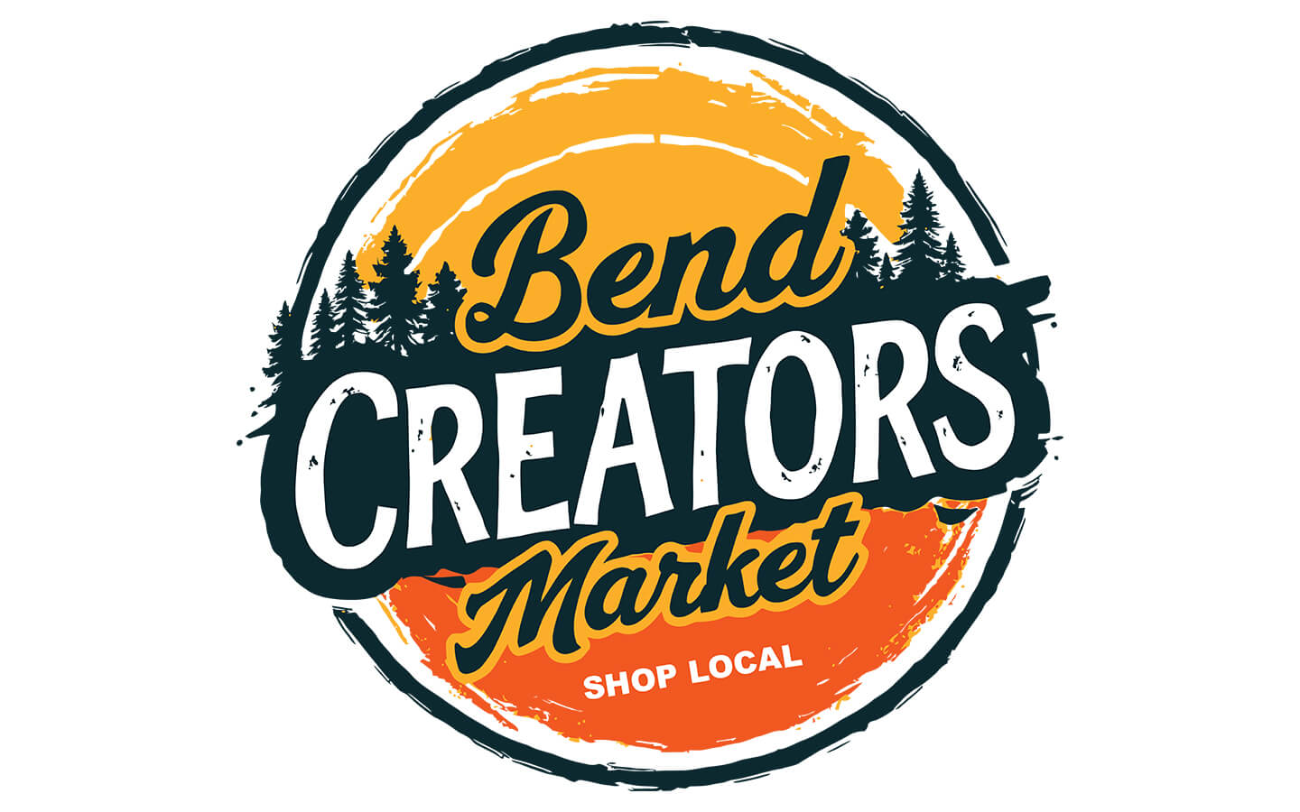 A vibrant logo for Bend Creators Market, featuring a sun and trees in Central Oregon.