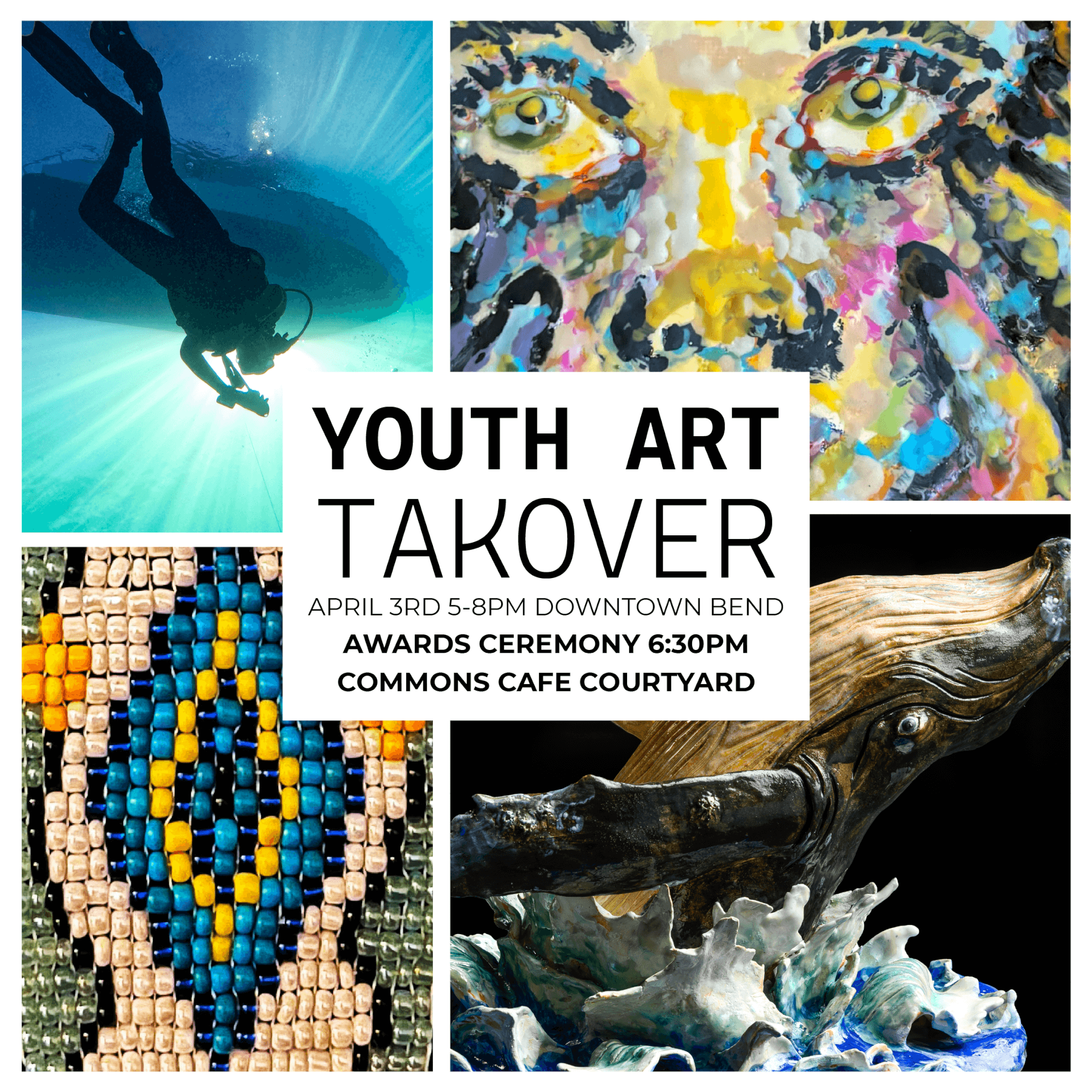 Youth art showcase featuring underwater diving, abstract faces, and a whale sculpture in Central Oregon.