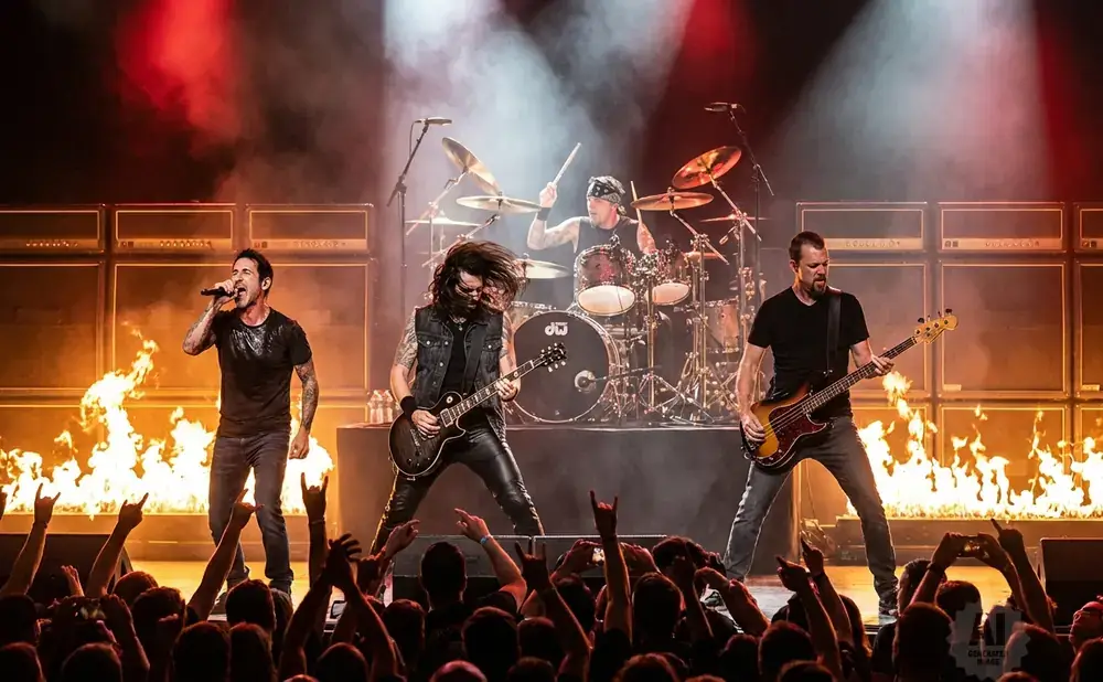 A band performs on stage with fiery effects and enthusiastic fans in Central Oregon.