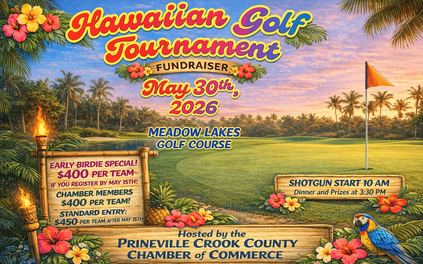 Hawaiian-themed golf tournament fundraiser with vibrant visuals and details in Central Oregon.