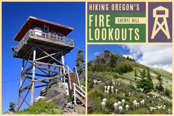 Wooden fire lookout tower with a red roof, overlooking a lush forest and mountain landscape in Central Oregon.