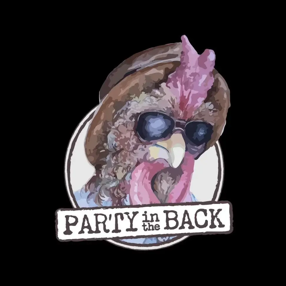 A cartoon turkey wearing sunglasses and a party hat, with the text 'Party in the Back' below in Central Oregon.
