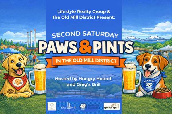 Second Saturday Paws & Pints event in Old Mill District, featuring dogs and beer in Central Oregon.