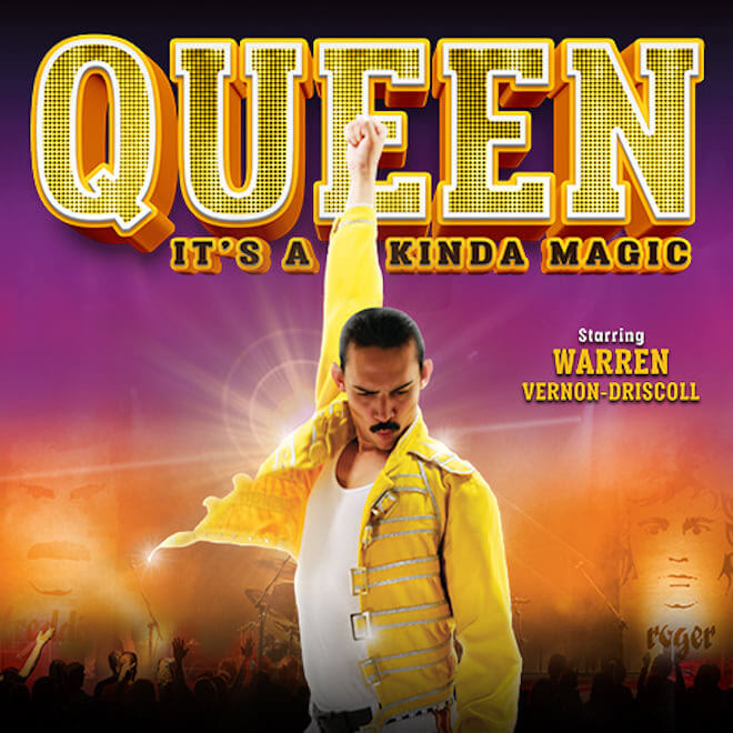 A musician in a yellow outfit with a raised fist, surrounded by a vibrant purple and orange background in Central Oregon.