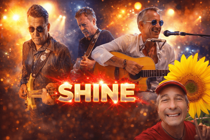 A band performing on stage with vibrant lights and a sunflower in the foreground in Central Oregon.