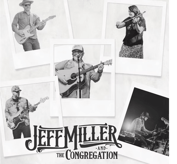Polaroid-style photos of musicians performing, featuring an acoustic guitarist, a violinist, and a drummer in Central Oregon.
