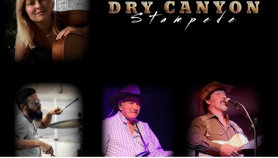 A promotional poster for Dry Canyon Stampede featuring musicians and performers in Central Oregon.