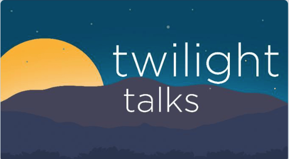 A serene night scene with a moonlit landscape and the text 'Twilight Talks' in Central Oregon.